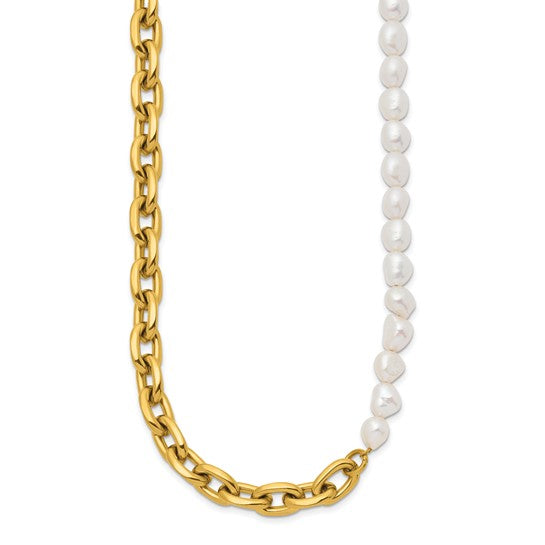 Half Gold and half Pearl Double C chain with mutlicolores stones and CZ -